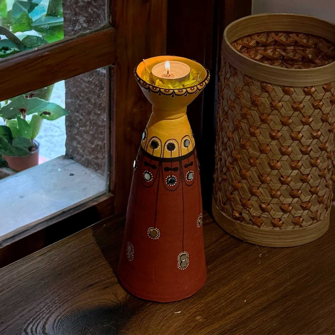 Natural Finish Hand-Painted Terracotta Long Diya Tealight Holder For Festive Decor