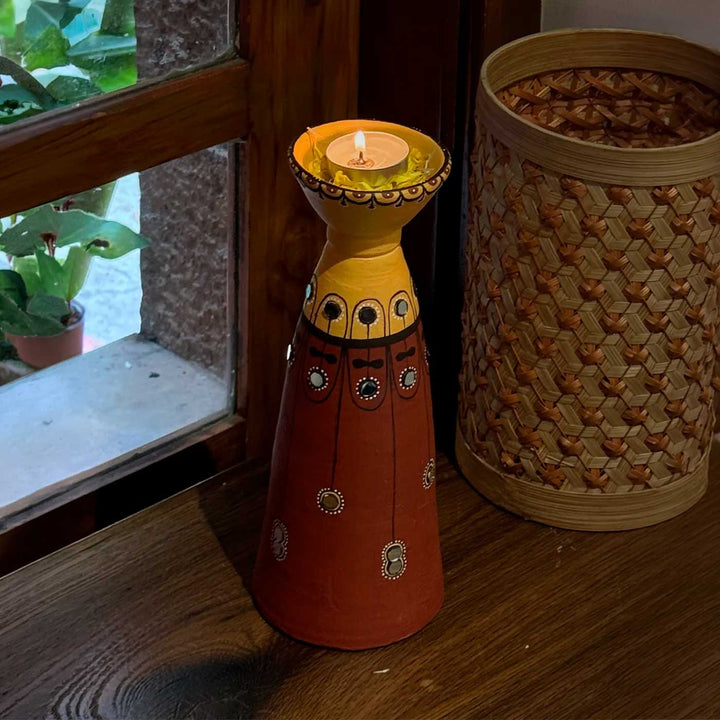 Natural Finish Hand-Painted Terracotta Long Diya Tealight Holder For Festive Decor