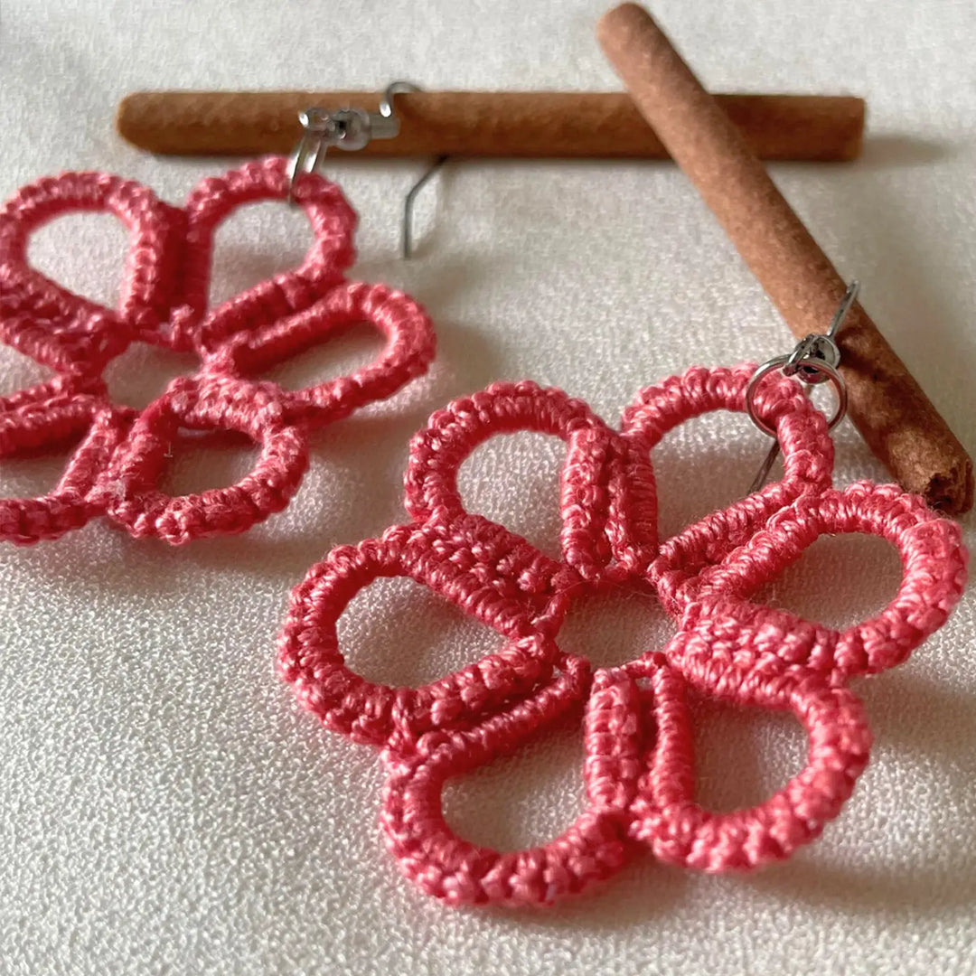 Handmade Tatting Pink Daisy-Inspired Cotton Lace Earrings