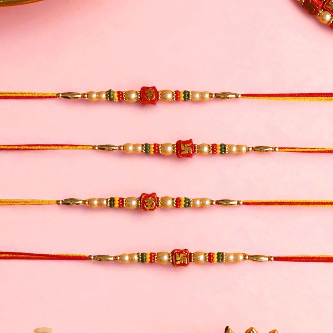 Handmade Om & Swastik Dori Rakhi With Roli Chawal | Set Of 12