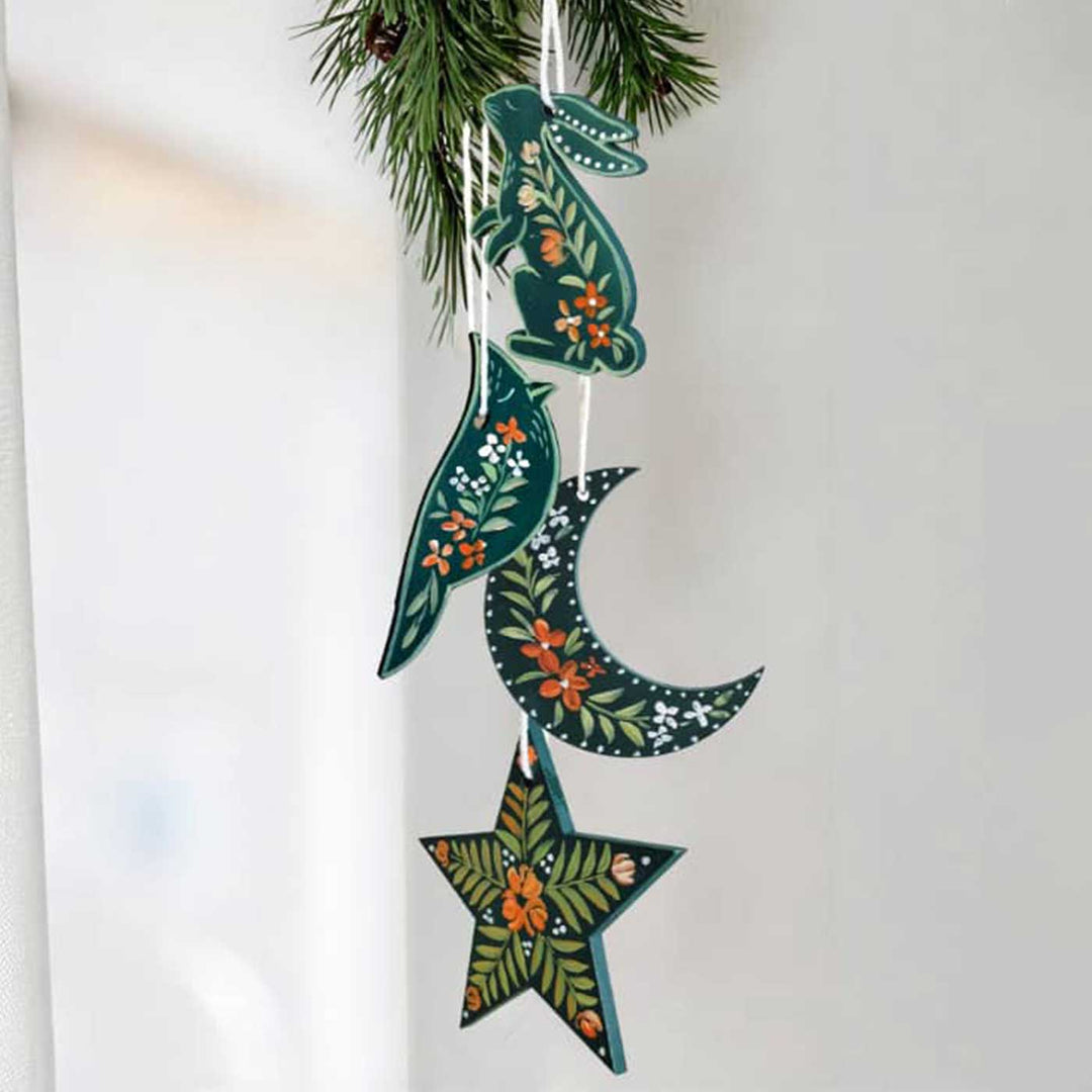 4 Pc | Handpainted Arctic Minis Green Folk MDF Ornament Set