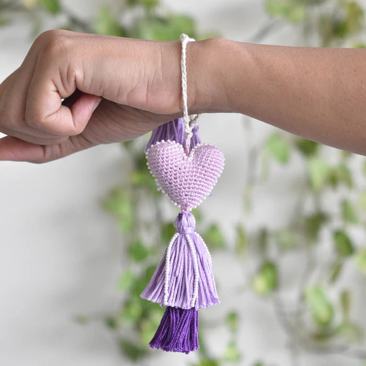 Handmade Crochet Purple Heart & Tassels Lumba Rakhi For Bhabhi With Roli Chawal