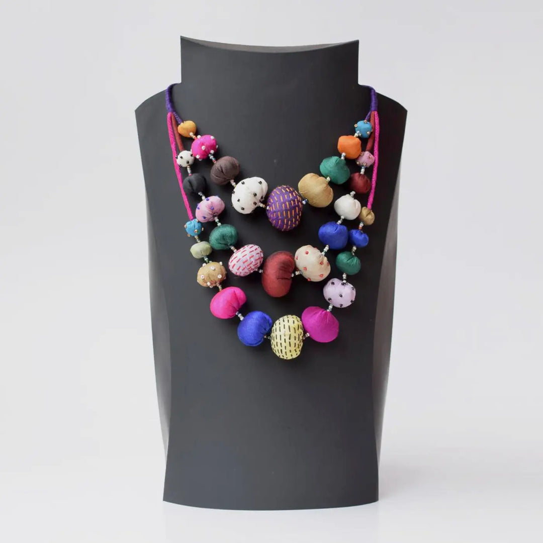 Handmade Textile Art Multicolor Pebble Design Dupion Silk Fabric Necklace