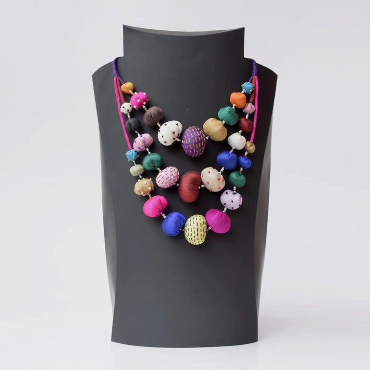 Handmade Textile Art Multicolor Pebble Design Dupion Silk Fabric Necklace