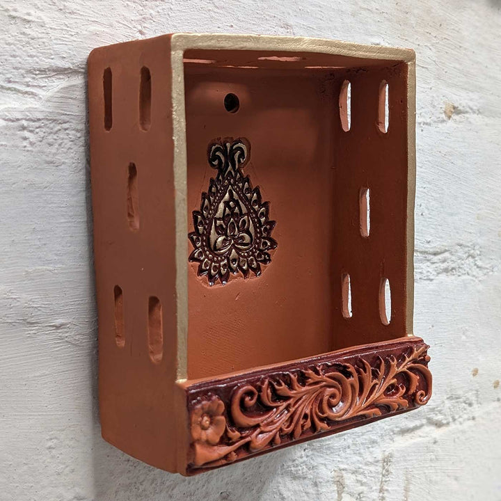 Hand-Painted "TerraShrine" Square Jaali Cutout Terracotta Wall Decor Tealight Holder For Festive Decor