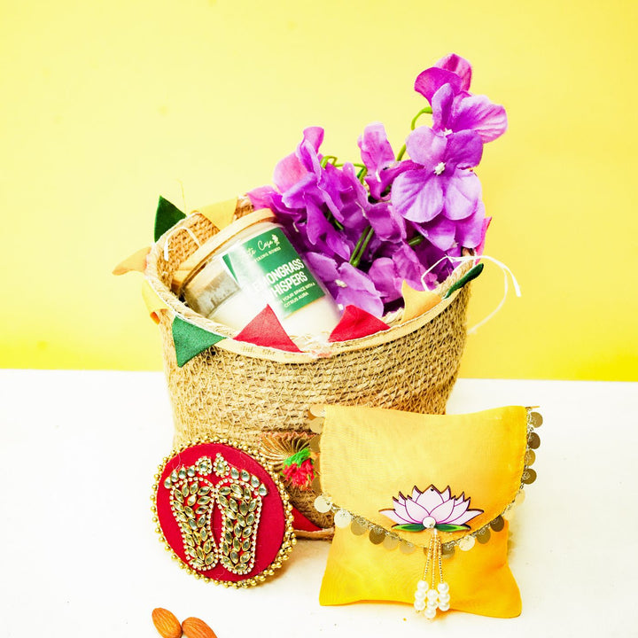 Eco Utsav Mini Diwali Gift Hamper | Includes 1 Lakshmi Charan, 1 Candle, 1 Dry Fruit Potli, 1 Decor Flower Bunch, 1 Diwali Card, 1 Jute Basket