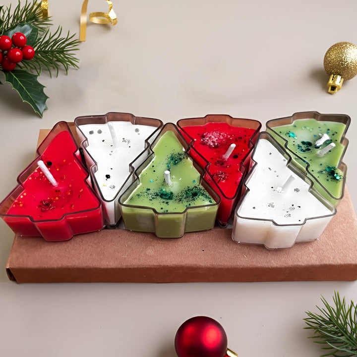 6 Pc | Handmade Red, Green & White Xmas Tree Soy Wax Candles