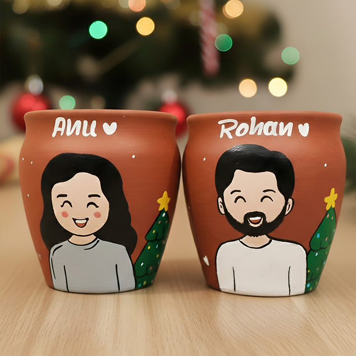Photo Personalized Hand-Painted Christmas Theme Terracotta Mug | Set Of 2