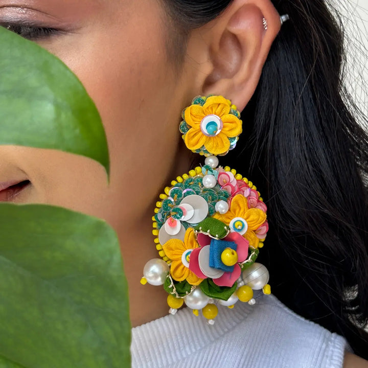 Hand Embroidered Beaded Floral Garden Of Eden Style Cotton Earrings