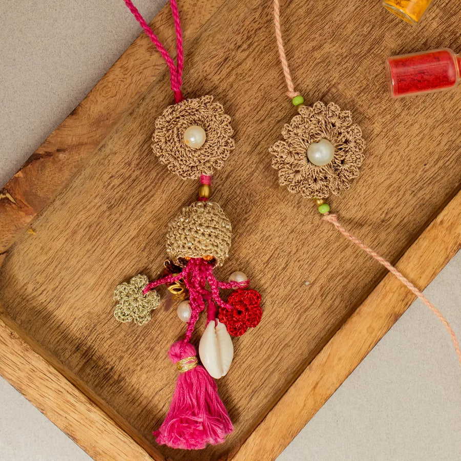 Handmade Crochet Moti Jhalar Bhaiya Bhabhi Rakhi With Roli Chawal Set Of 2 - Close-up of decorative tassels