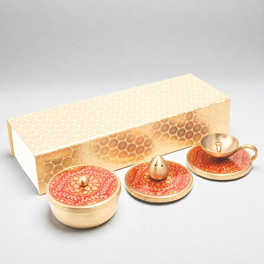 Hand-Painted Sanskaar Brass Gift Hamper | Includes 1 Diya, 1 Incense Holder, 2 Containers And 1 Gift Box
