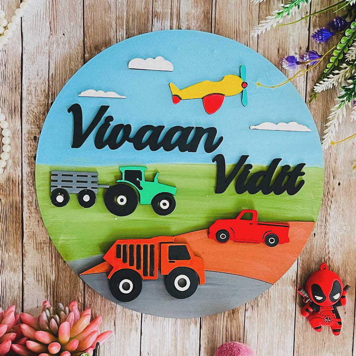 Personalized Hand Painted Transport Mdf Wood Kids Name Plate - Top View with Name Personalization