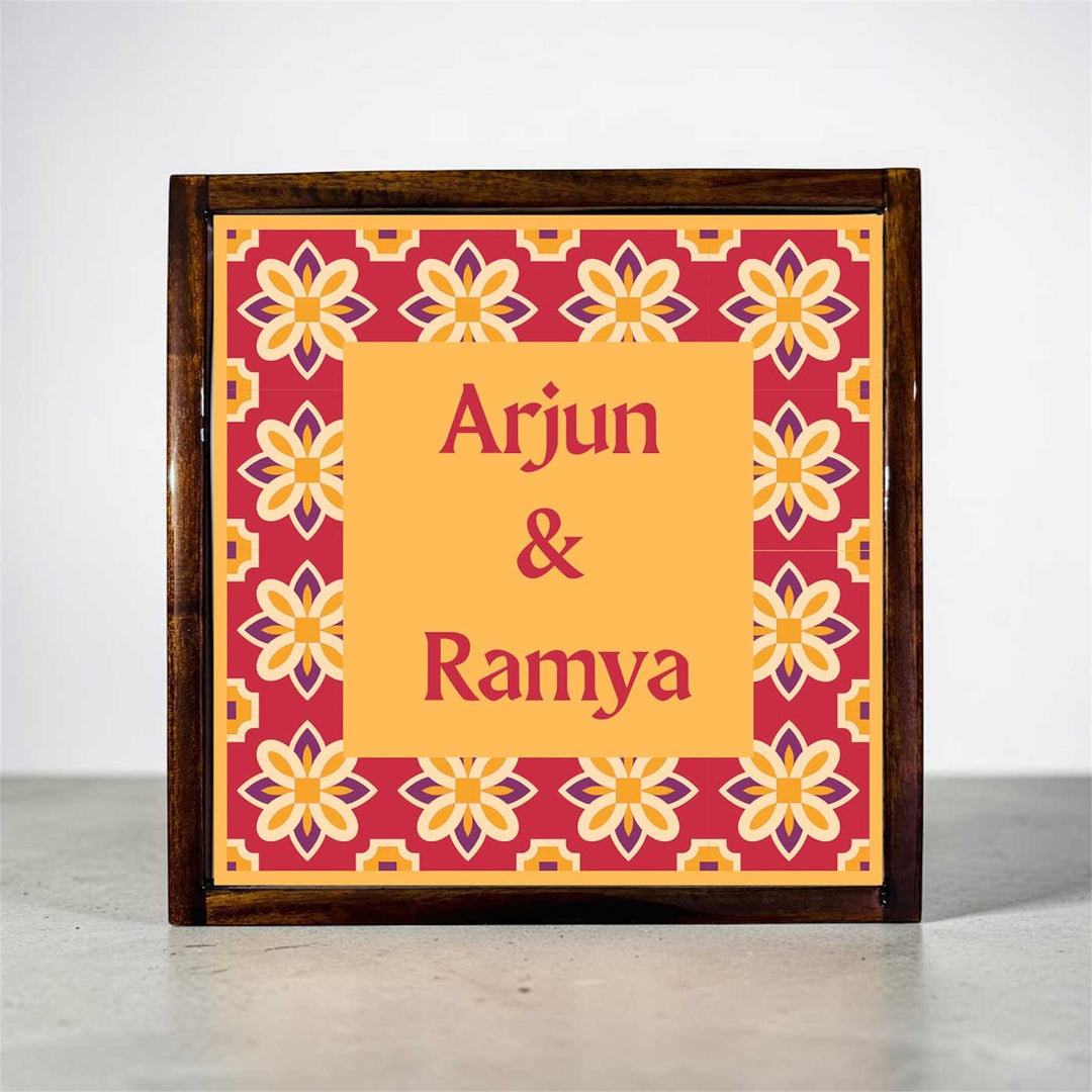 Oxidised Red Tile Vintage Personalized Square Resin & Teak Wood Frame Name Plate For Home