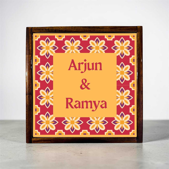 Oxidised Red Tile Vintage Personalized Square Resin & Teak Wood Frame Name Plate For Home
