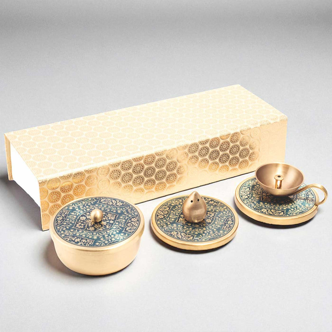Hand-Painted Omkar Brass Gift Hamper | Includes 1 Diya, 1 Incense Holder, 2 Containers And 1 Gift Box