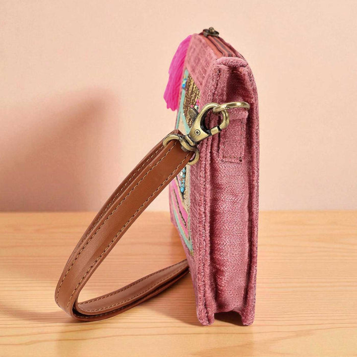 Handmade Embroidered Cassatte Design Pink Velvet Sling Bag