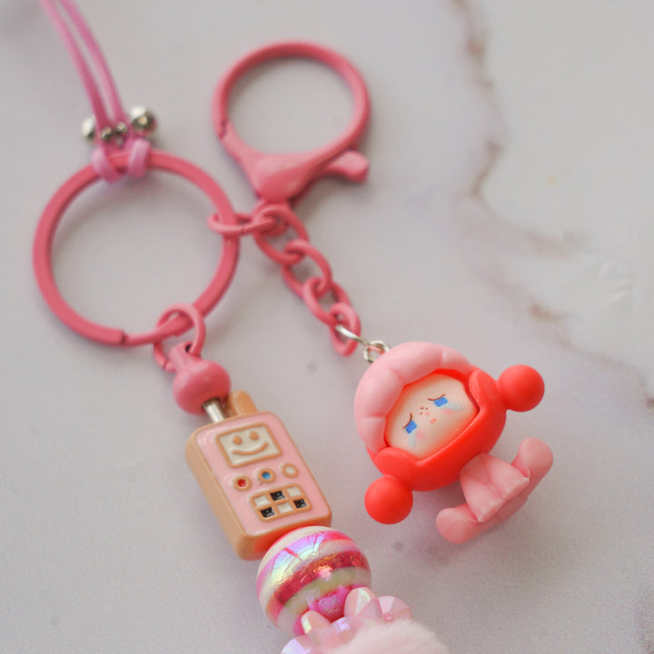Pink Robot Bead & Character Bag Charm With Keyring