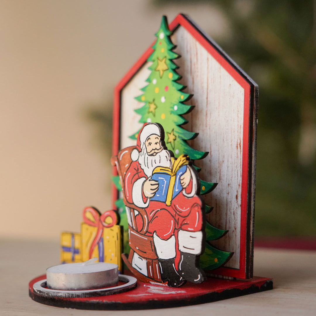 Hand-Painted Santa House Wooden Tealight Holder For Christmas Decoration