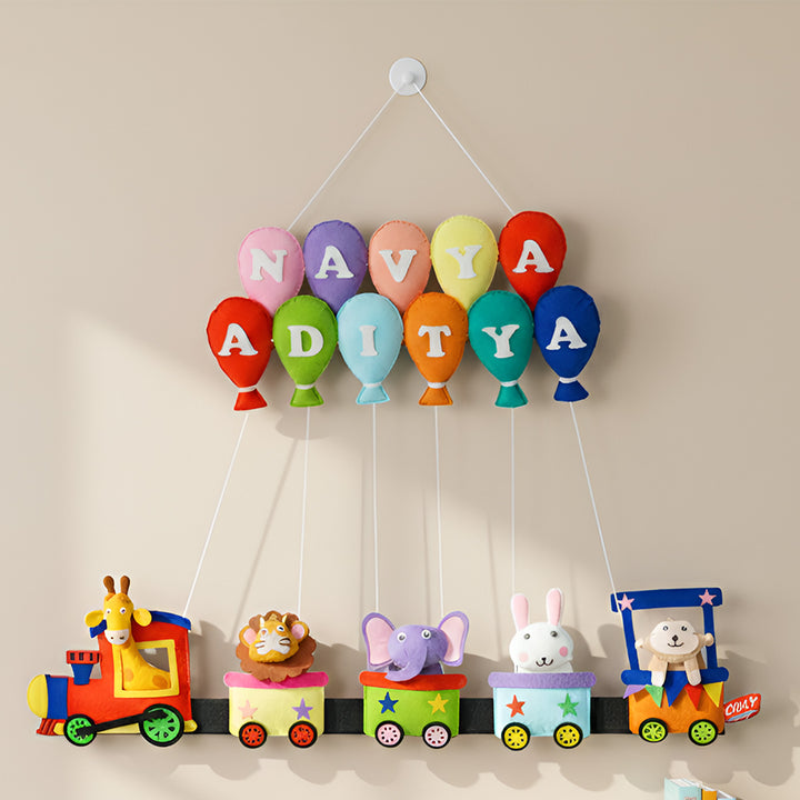 Handcrafted Personalized Felt Name Plate For Siblings | Jungle Animal Train Themed