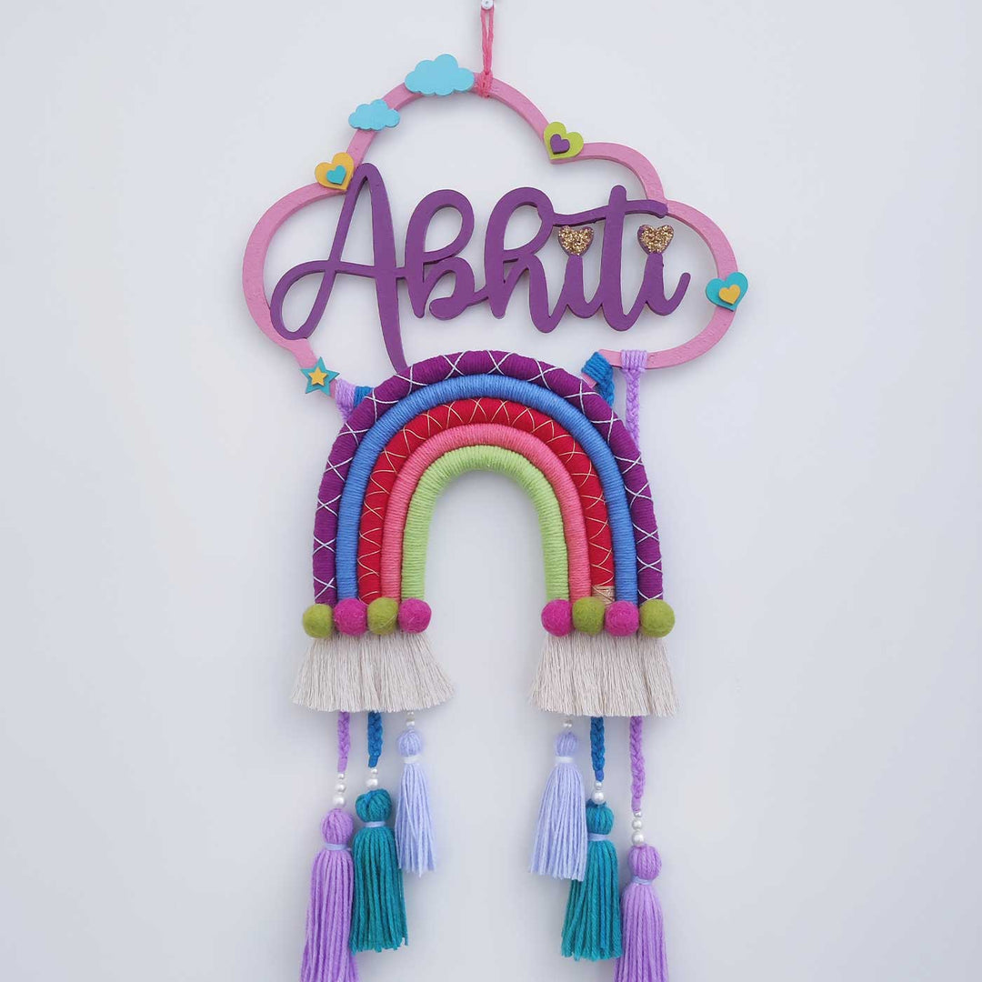 Personalized Handmade Macrame Cloud Rainbow And Tassels Kids Name Plate With 3D Letters - Hanging Wall Decoration Front View
