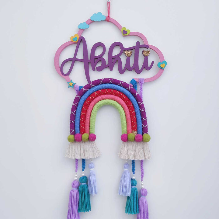 Personalized Handmade Macrame Cloud Rainbow And Tassels Kids Name Plate With 3D Letters - Hanging Wall Decoration Front View
