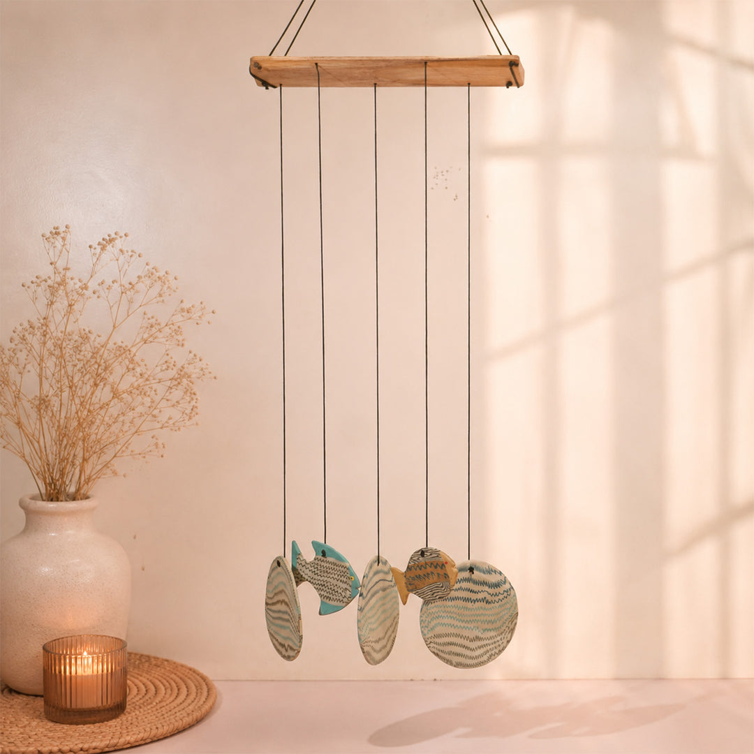 Handmade Nerikomi Ceramic Blue & White Fish Windchime