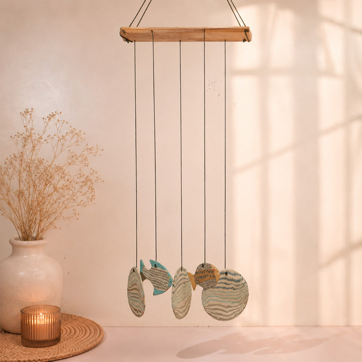 Handmade Nerikomi Ceramic Blue & White Fish Windchime