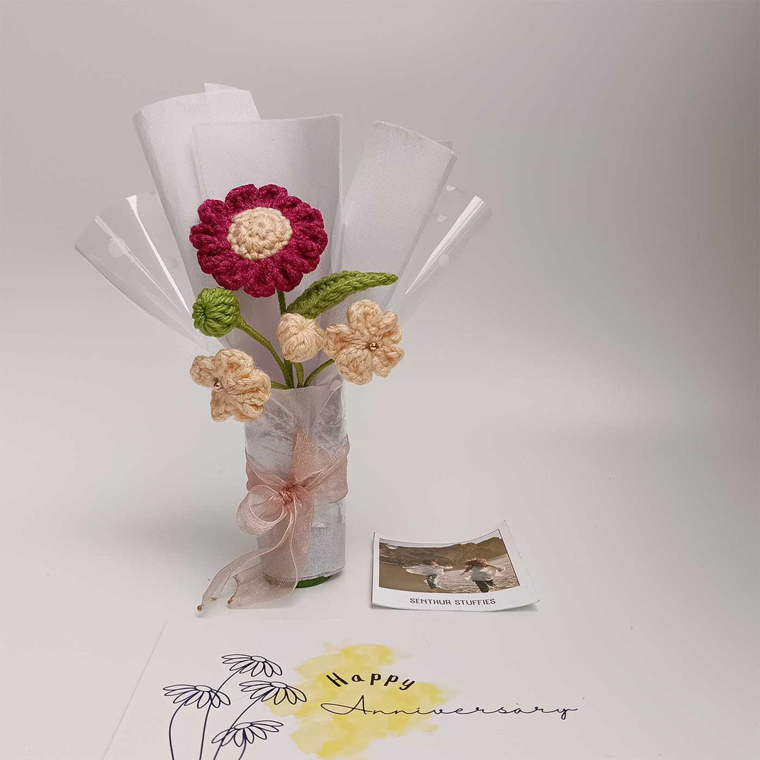 Handmade Crochet Burgundy & Cream Mini Flower Bouquet | Includes Photo & Greeting Card