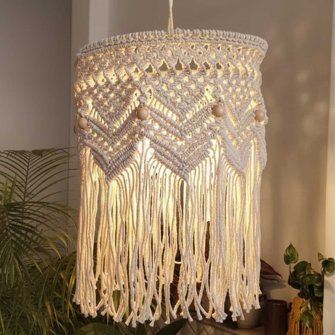 Handmade Macrame Beaded Design Cotton Hanging Lamp