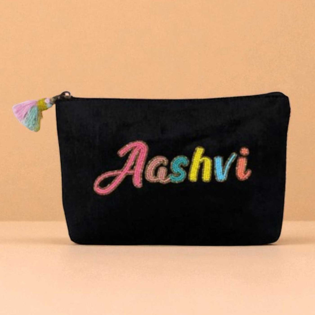 Personalized Handmade Embroidered Solid Black Velvet Pouch