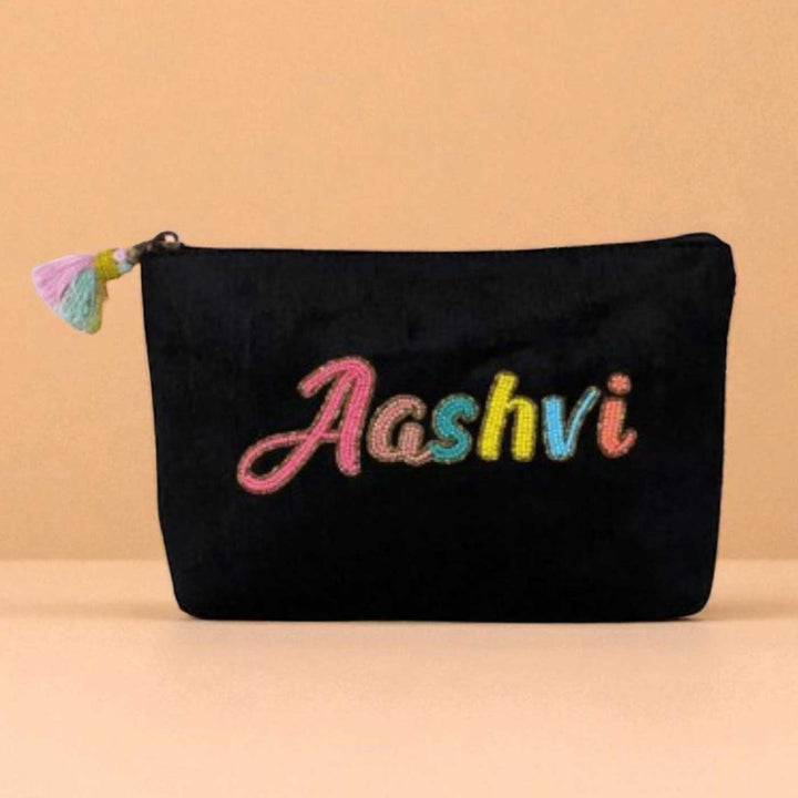 Personalized Handmade Embroidered Solid Black Velvet Pouch