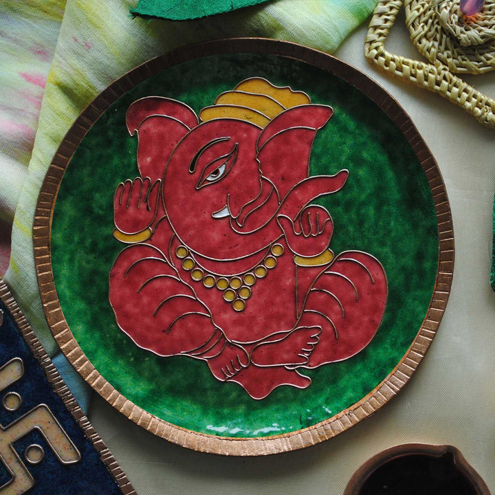 Handmade Ganesha Ekdanta Theme Copper Wall Plate