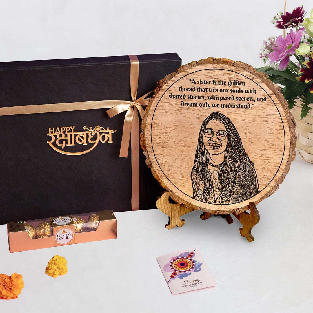 Photo Personalized Engraved Sister Theme Wooden Decorative Plaque Rakhi Hamper | Includes 1 Plaque, 1 Chocolate & 1 Card