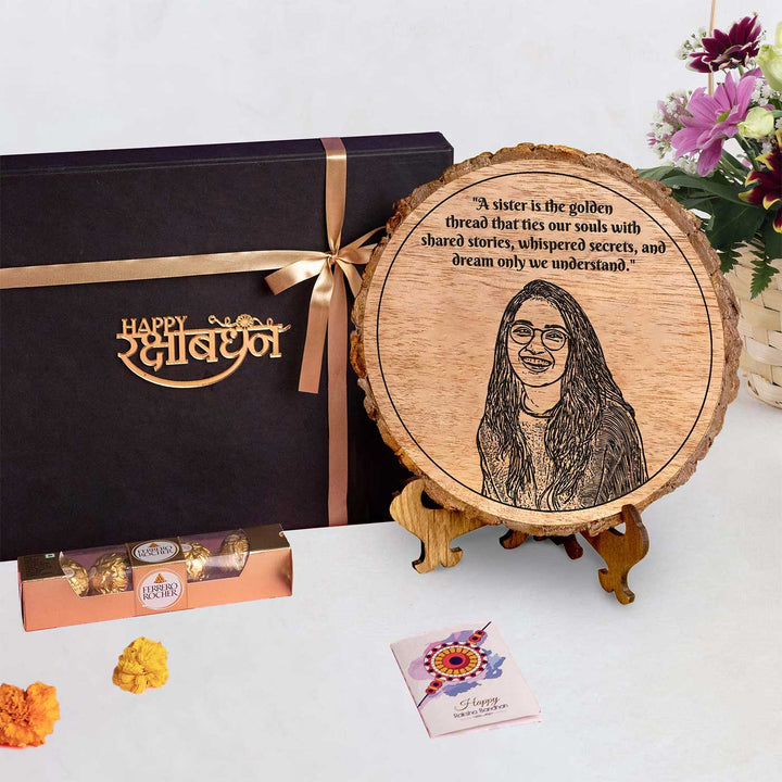 Photo Personalized Engraved Sister Theme Wooden Decorative Plaque Rakhi Hamper | Includes 1 Plaque, 1 Chocolate & 1 Card
