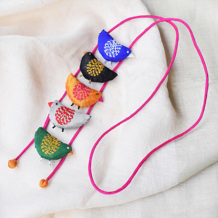 Handmade Textile Art Bulbul Bird Dupion Silk Fabric Necklace