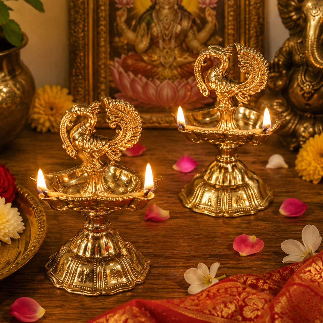 2 pc | Peacock Brass Oil Lamp With Stand For Festive Decor