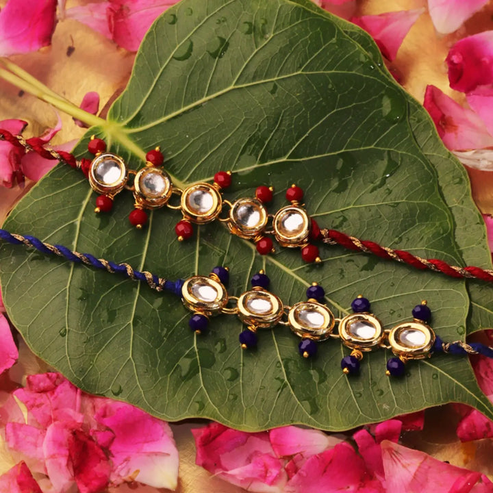 Handmade Minimalist Kundan Rakhi With Roli Chawal | Set Of 2