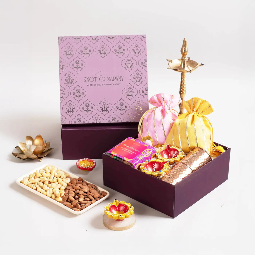Celestial Diwali Corporate Gift Hamper | Includes 4 Cracker Chocolates, 2 Dry Fruit Potlis, 2 Copper Glasses, 2 Terracotta Diyas, 1 Gift Box