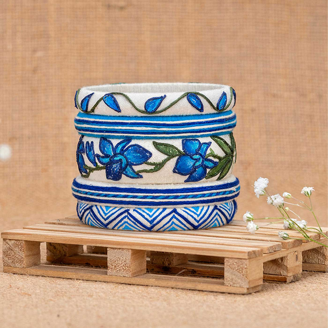 White & Blue Handcrafted Orchid Bangles | Set of 5