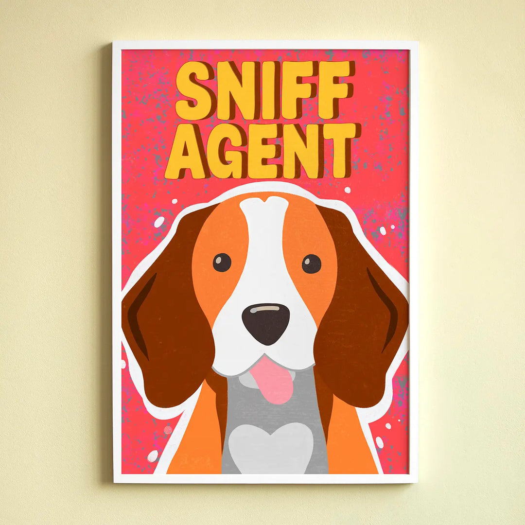 Beagle Sniff Agent Quirky Comic Style Printed Wall Art | 13x19 Inch | Unframed