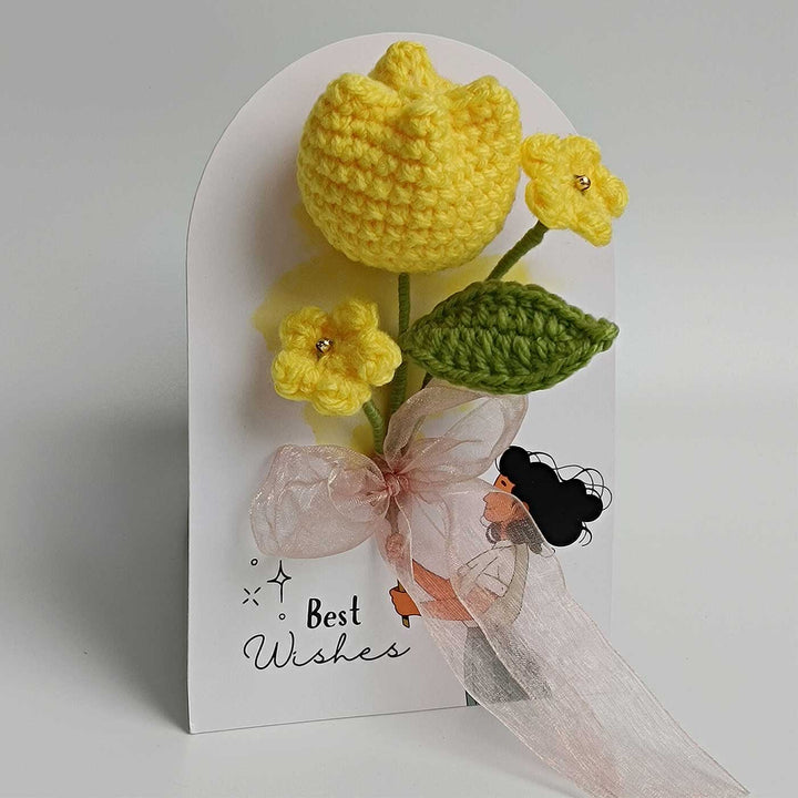 Handmade Crochet 3D Yellow Tulip Greeting Card