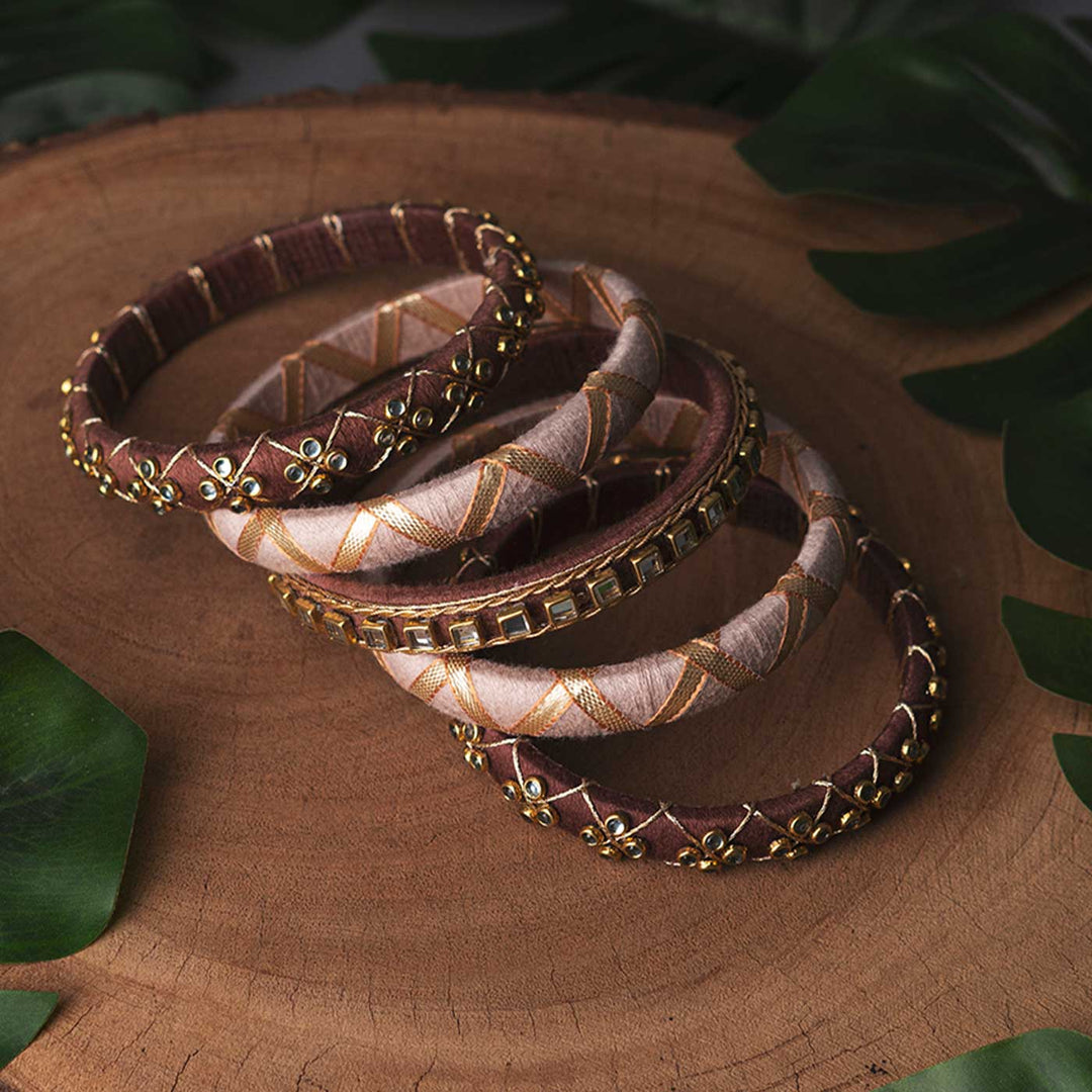 Brown & Lilac Handcrafted Kundan Bangles | Set of 5