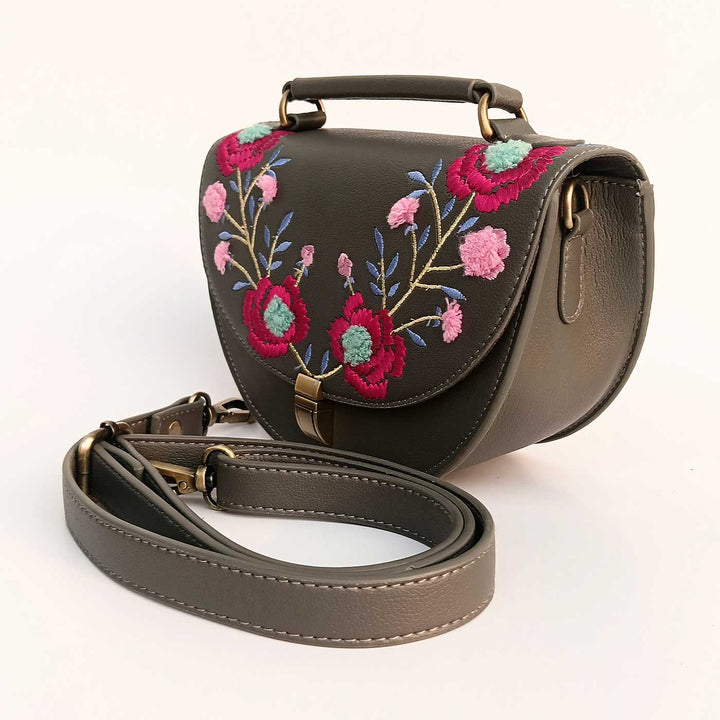 Handmade Embroidered Flower Design Black Rexine Sling Bag