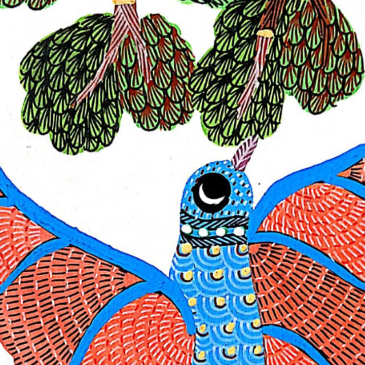 6 x 8 Inch | Bird Reaching Tree | Original Hand painted Tribal Gond Art Painting | Acrylic Paints On Paper