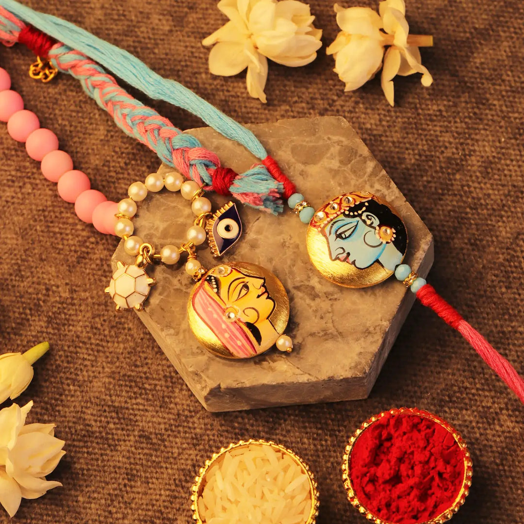 Hand-Painted Radha Krishna Bhaiya Bhabhi Rakhi With Roli Chawal | Set Of 2