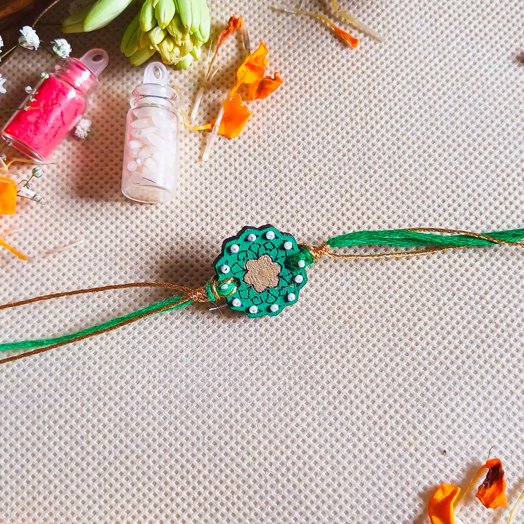 Handmade Green Flower Shape Beads Wooden Rakhi With Roli Chawal For Brother - Full Product Display