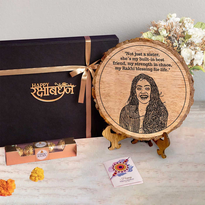 Photo Personalized Engraved Sis Theme Wooden Decorative Plaque Rakhi Hamper | Includes 1 Plaque, 1 Chocolate & 1 Card