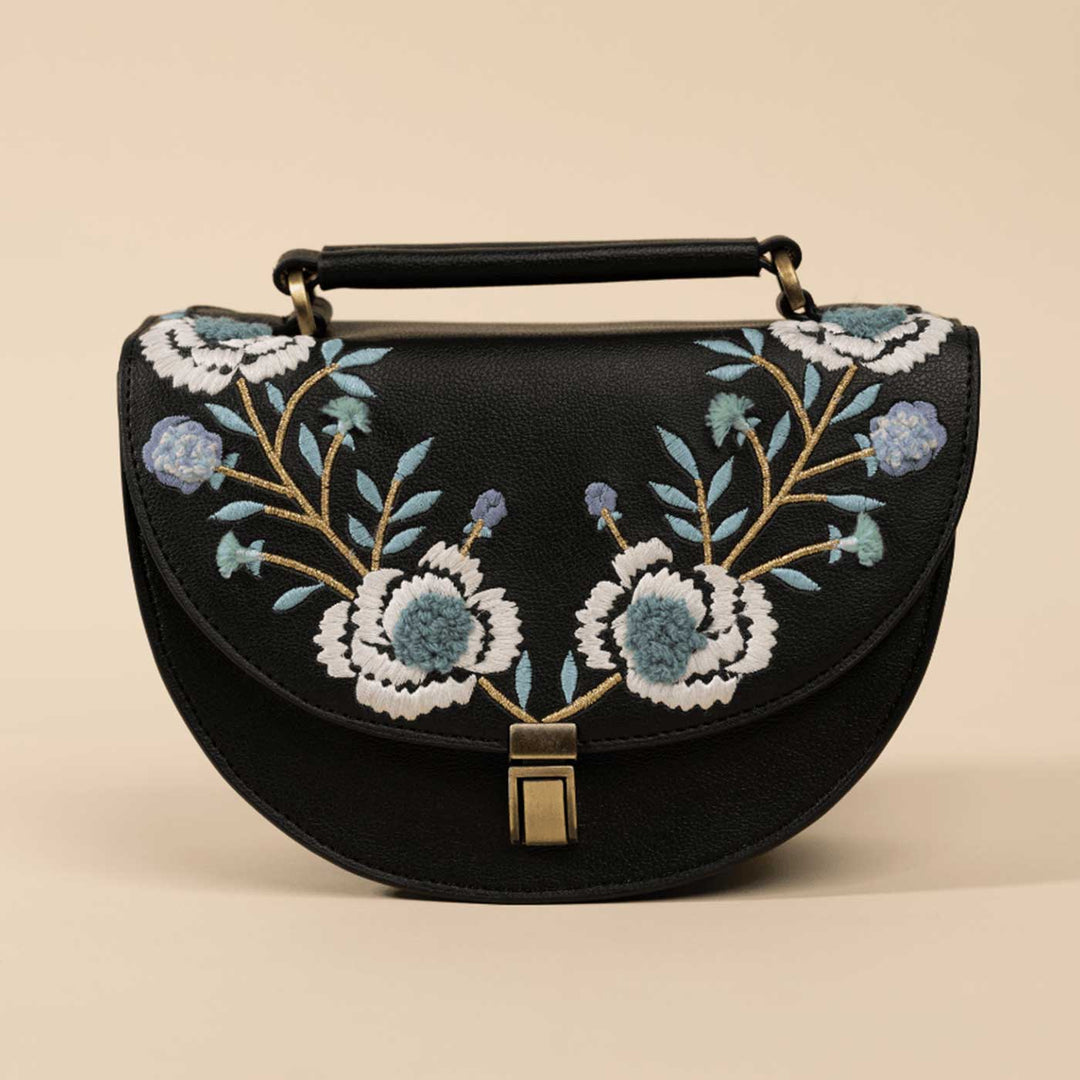 Handmade Embroidered Flower Design Black Rexine Sling Bag