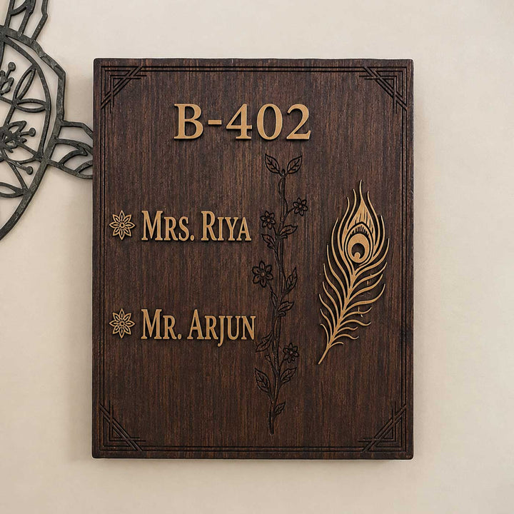 Vine And Peacock Feather Personalized Handcrafted Wooden Name Plate With Laser Cut Golden Metallic Lettering For Home
