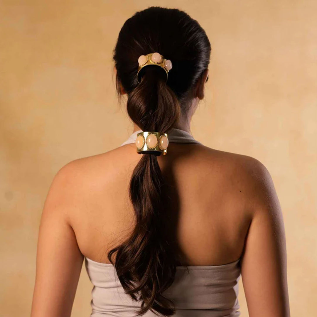 Statement Rose Quartz & 18k Gold Plated Brass Ponytail Cuff Hair Tie